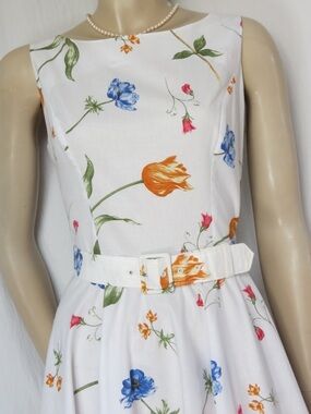 Laura Ashley White Floral Belted Fit-and-Flare Dress